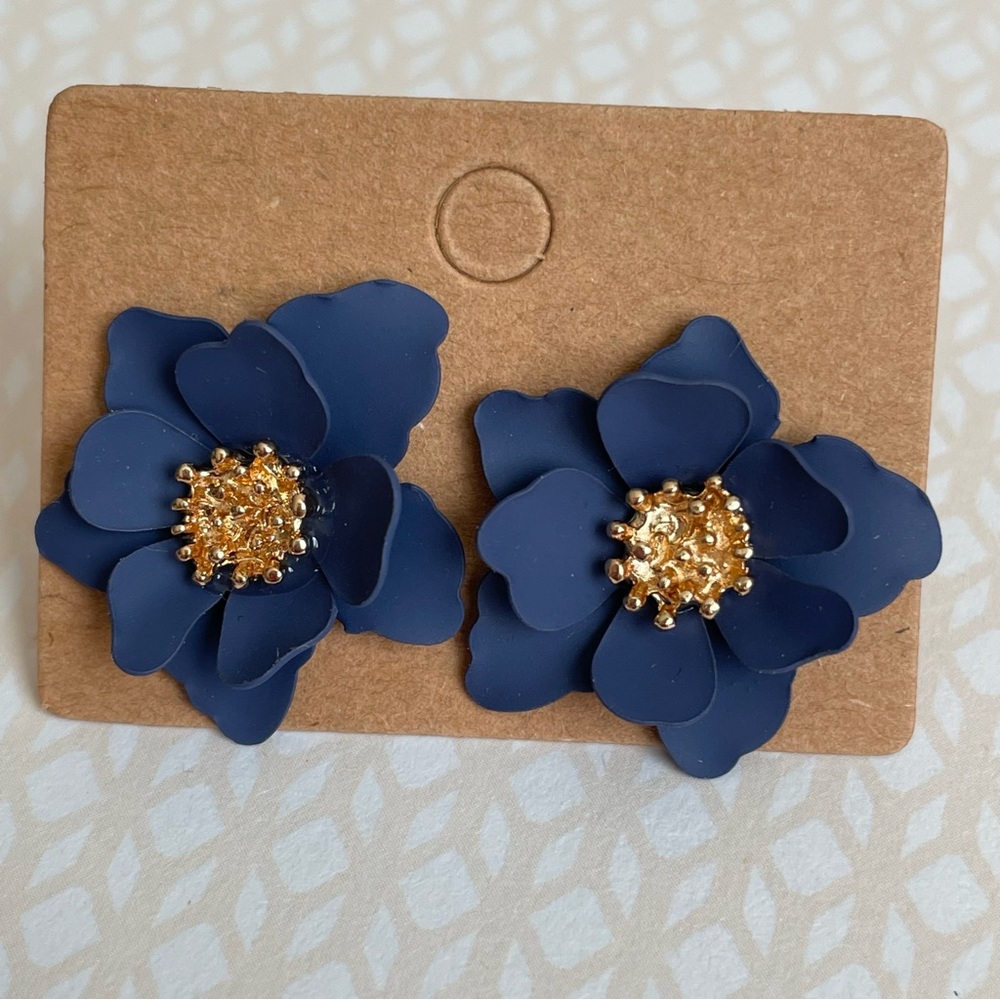 Navy Blue Flower Statement Pierced Earrings